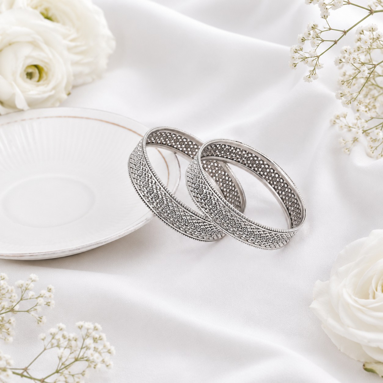 Oxidized Silver Floral Filigree Bangle – OYA by Gemkara view 3