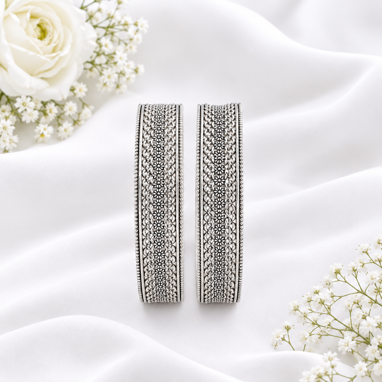 Oxidized Silver Floral Filigree Bangle – OYA by Gemkara view 4
