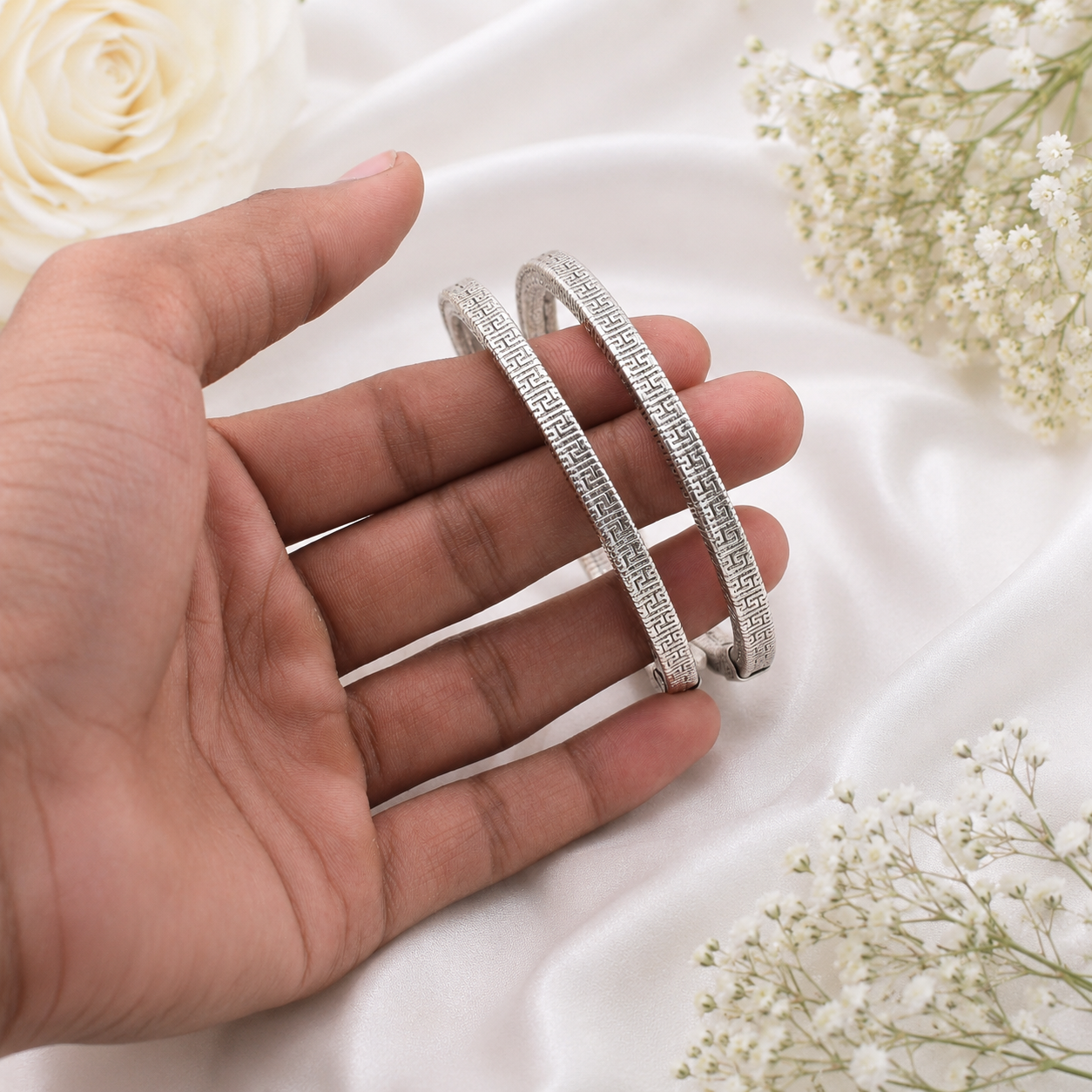 Oxidized Silver Greek Key Bangle – OYA by Gemkara view 3