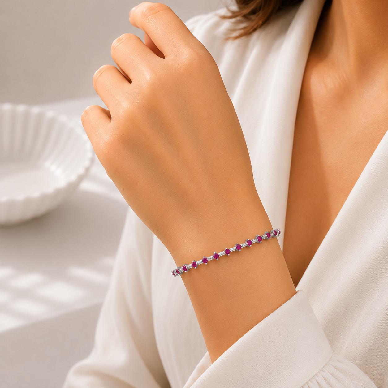 Ruby Stone Silver Tennis Bangle – Elegant – OYA by Gemkara view 2