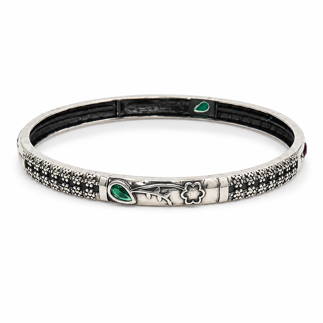 Green Stone Floral Silver Bangle – OYA by Gemkara view 1