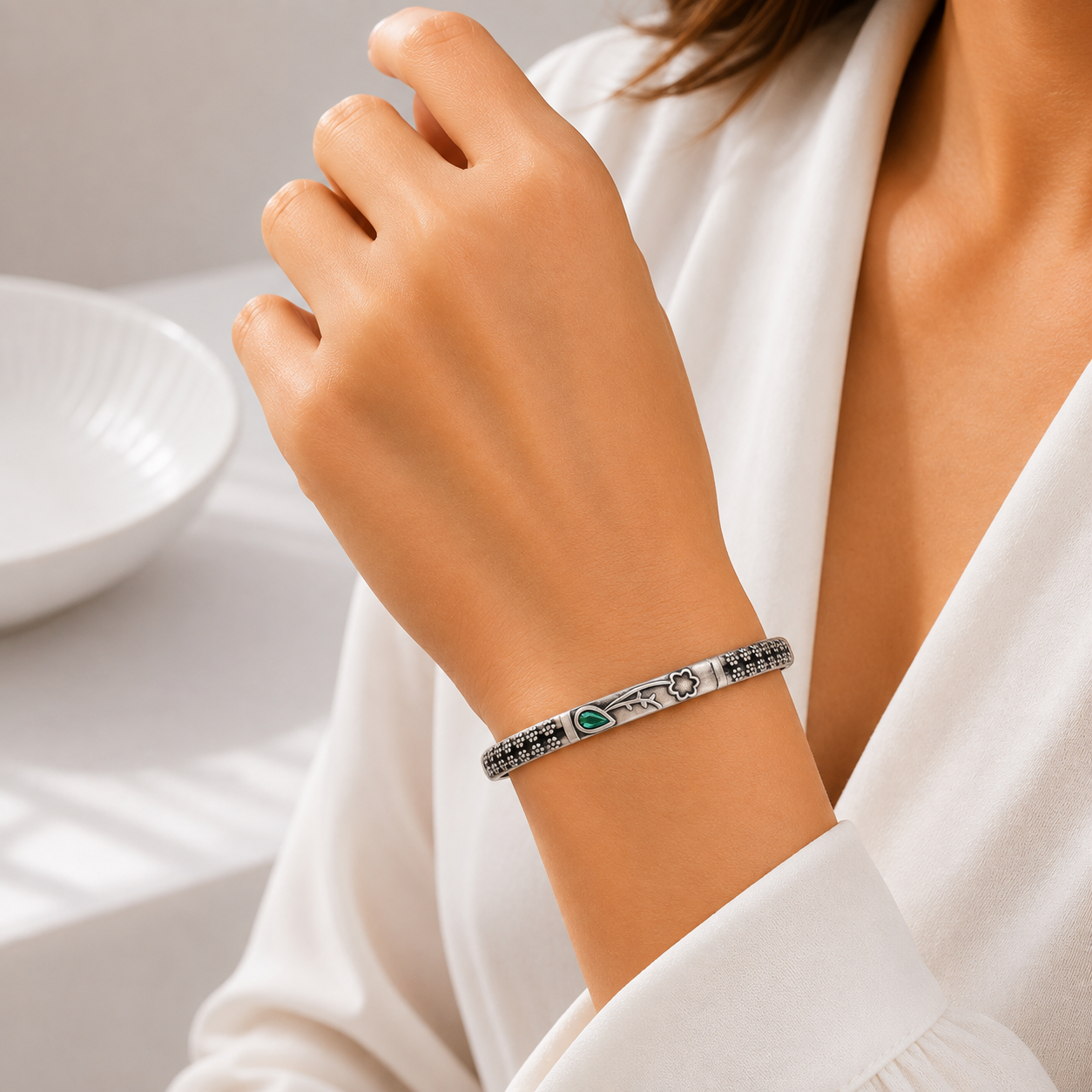 Green Stone Floral Silver Bangle – OYA by Gemkara view 2