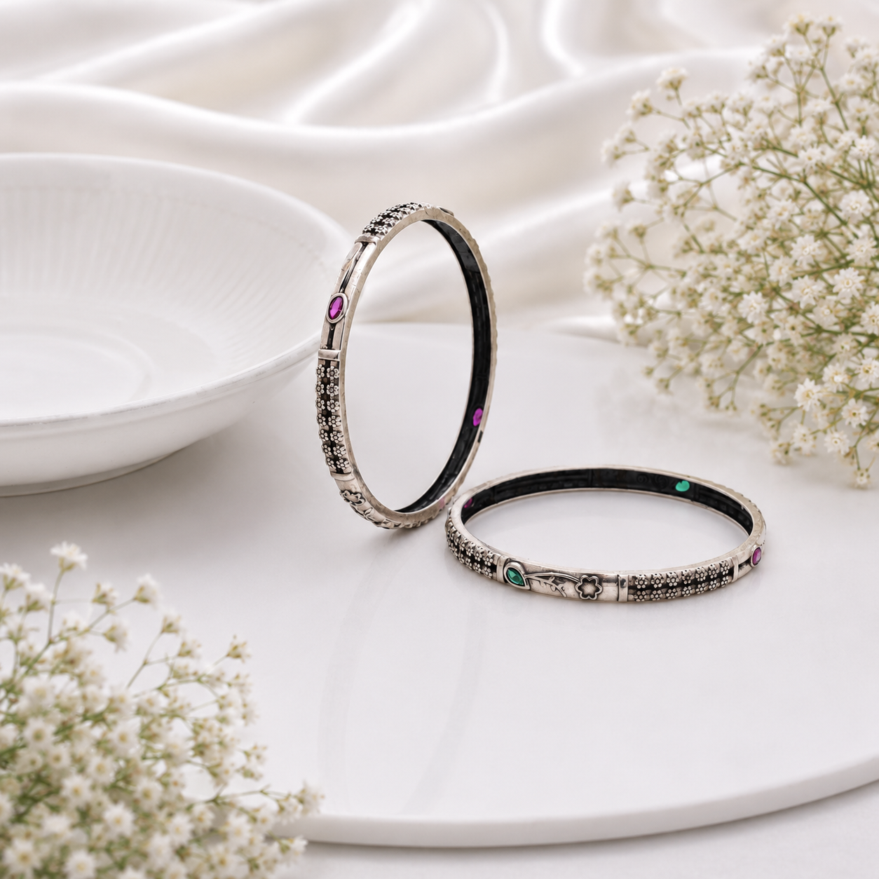 Green Stone Floral Silver Bangle – OYA by Gemkara view 3