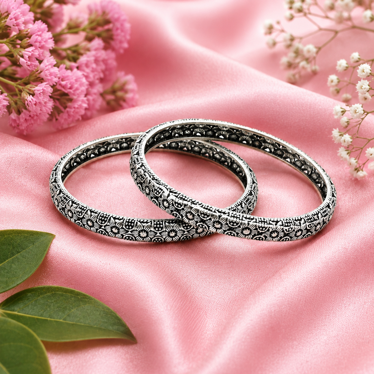 Antique Silver Flower Pattern Kada – OYA by Gemkara view 2