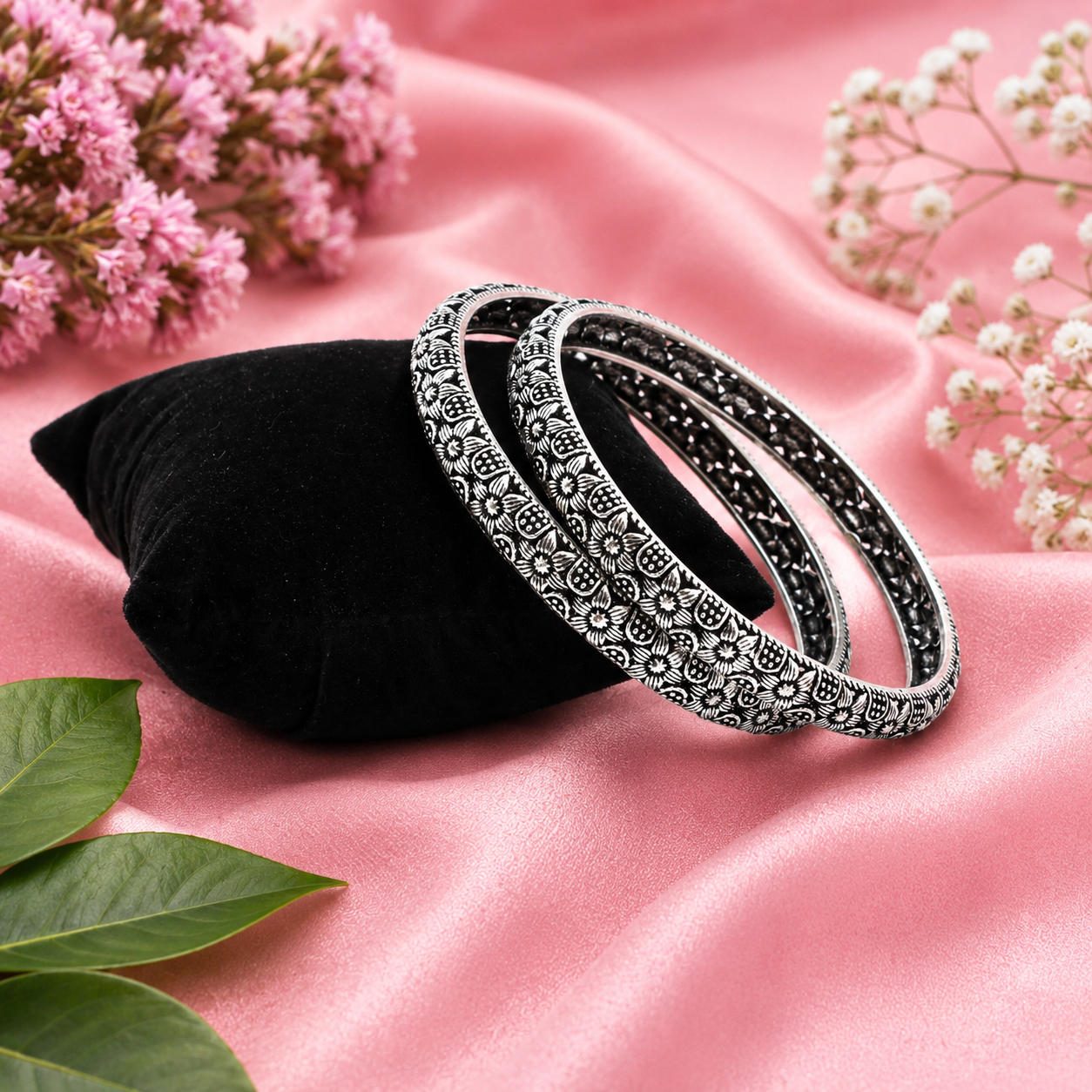 Antique Silver Flower Pattern Kada – OYA by Gemkara view 3