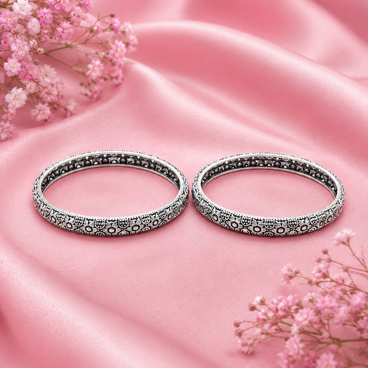 Antique Silver Flower Pattern Kada – OYA by Gemkara view 4