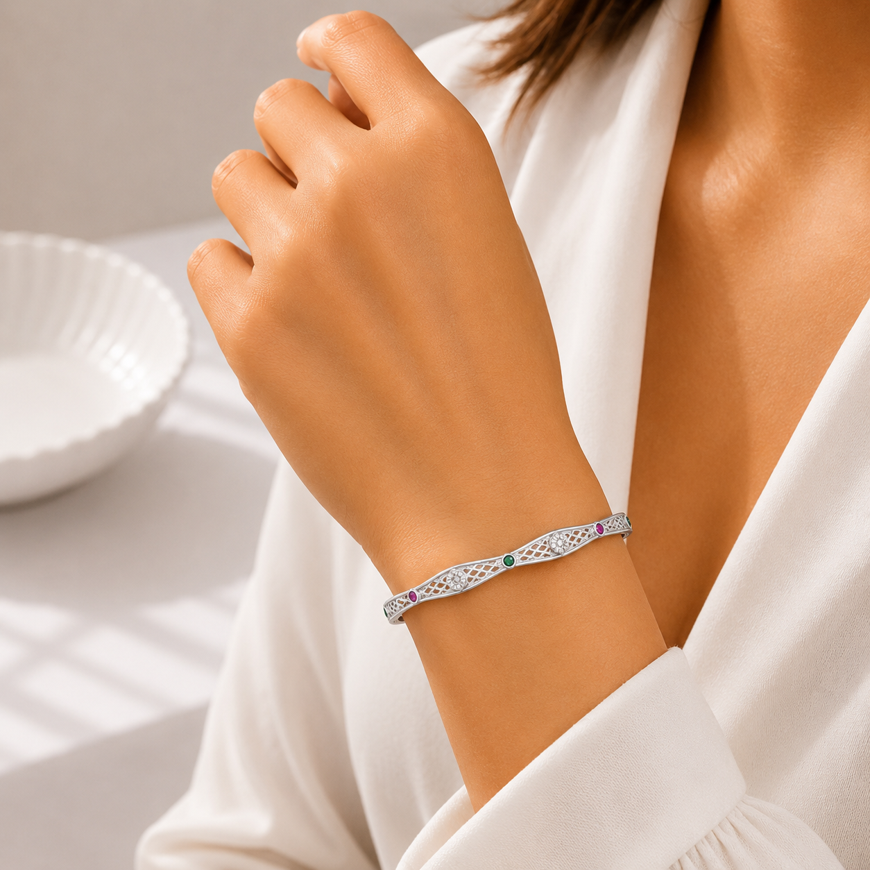 Multicolor Pattern Silver Bangle – OYA by Gemkara view 2