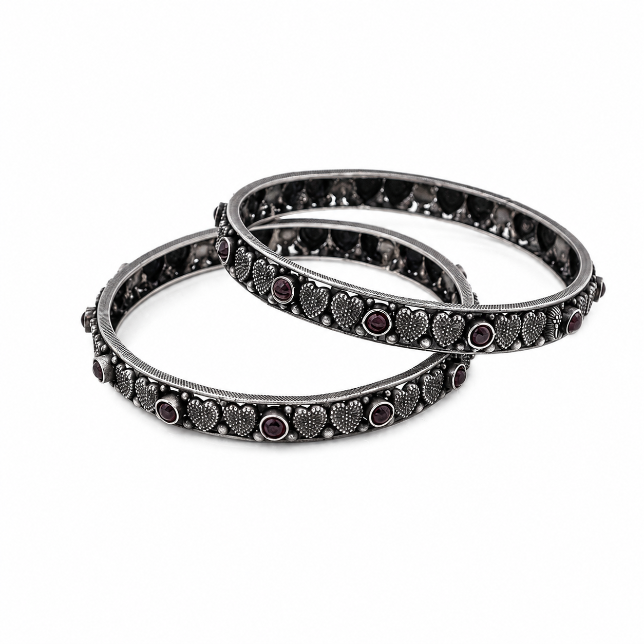 Oxidized Silver Garnet Floral Bangle – OYA by Gemkara view 1