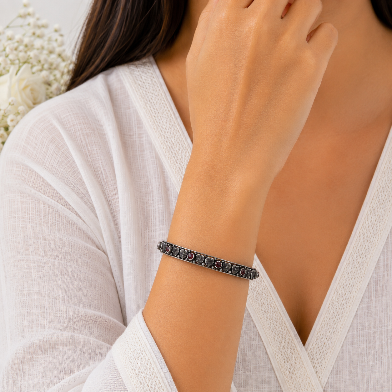 Oxidized Silver Garnet Floral Bangle – OYA by Gemkara view 2