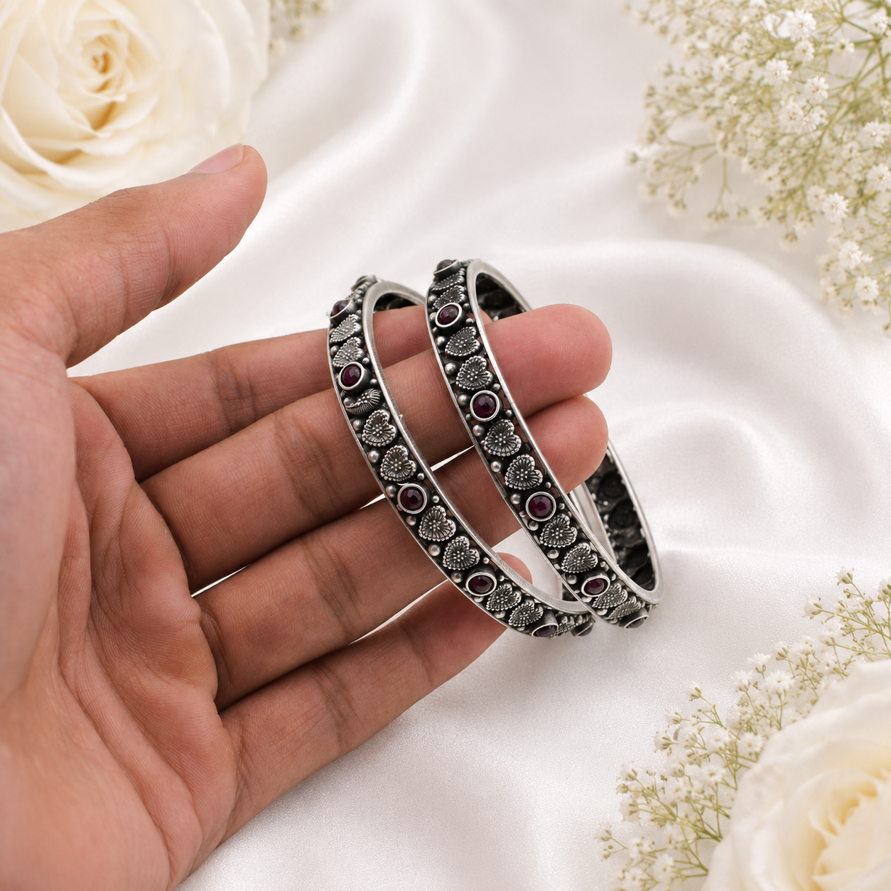 Oxidized Silver Garnet Floral Bangle – OYA by Gemkara view 3