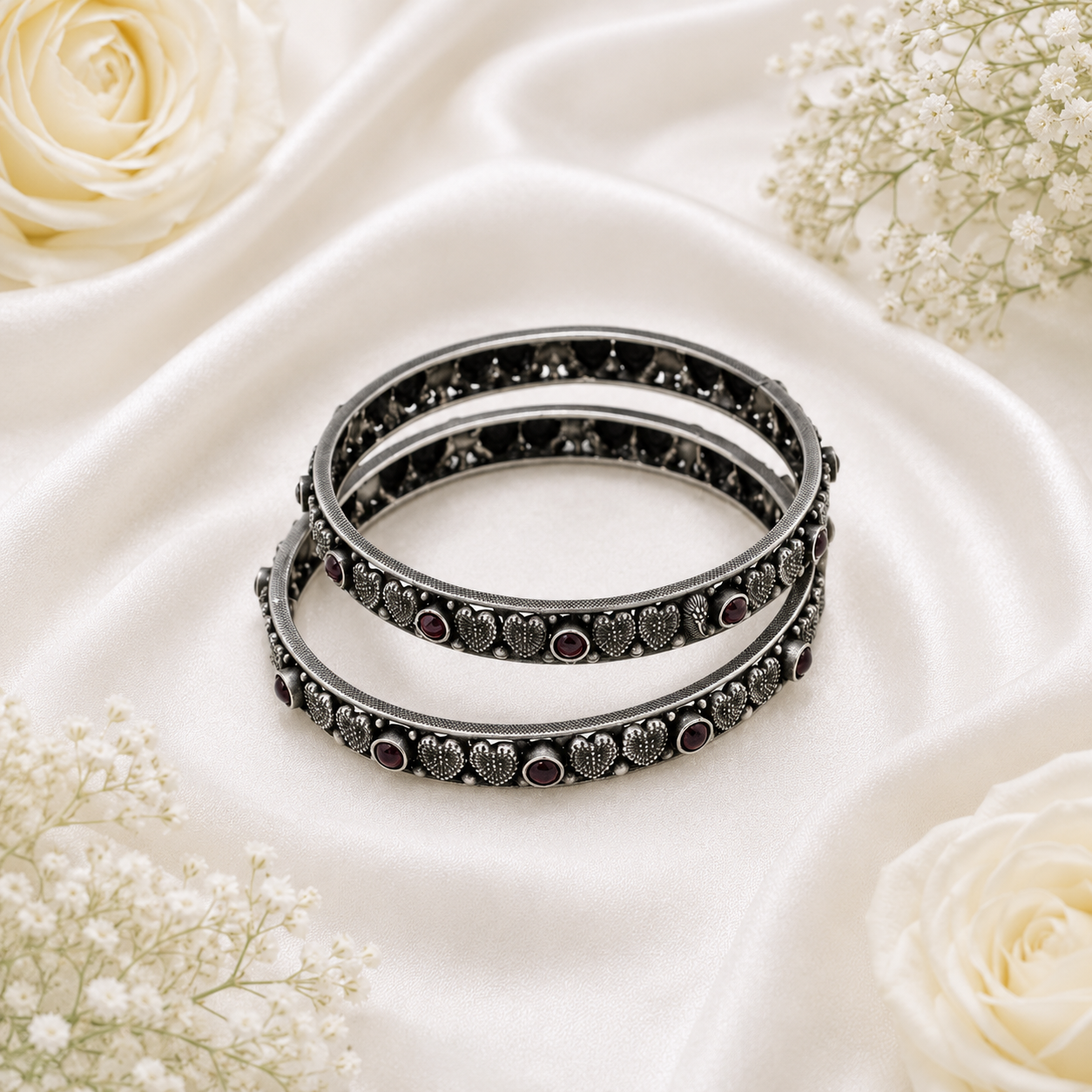 Oxidized Silver Garnet Floral Bangle – OYA by Gemkara view 4