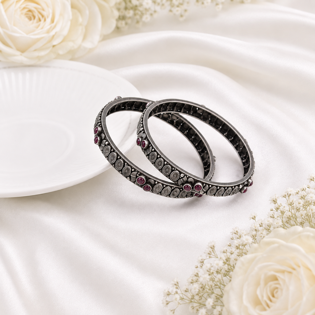 Oxidized Silver Ruby Bangle – OYA by Gemkara view 3