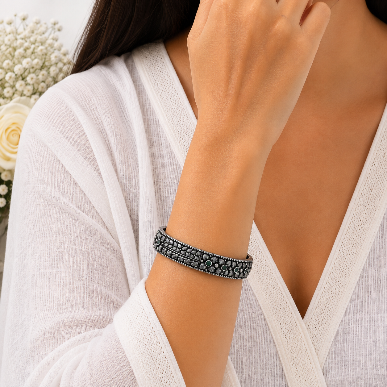 Oxidized Silver Green Stone Bangle – OYA by Gemkara view 2