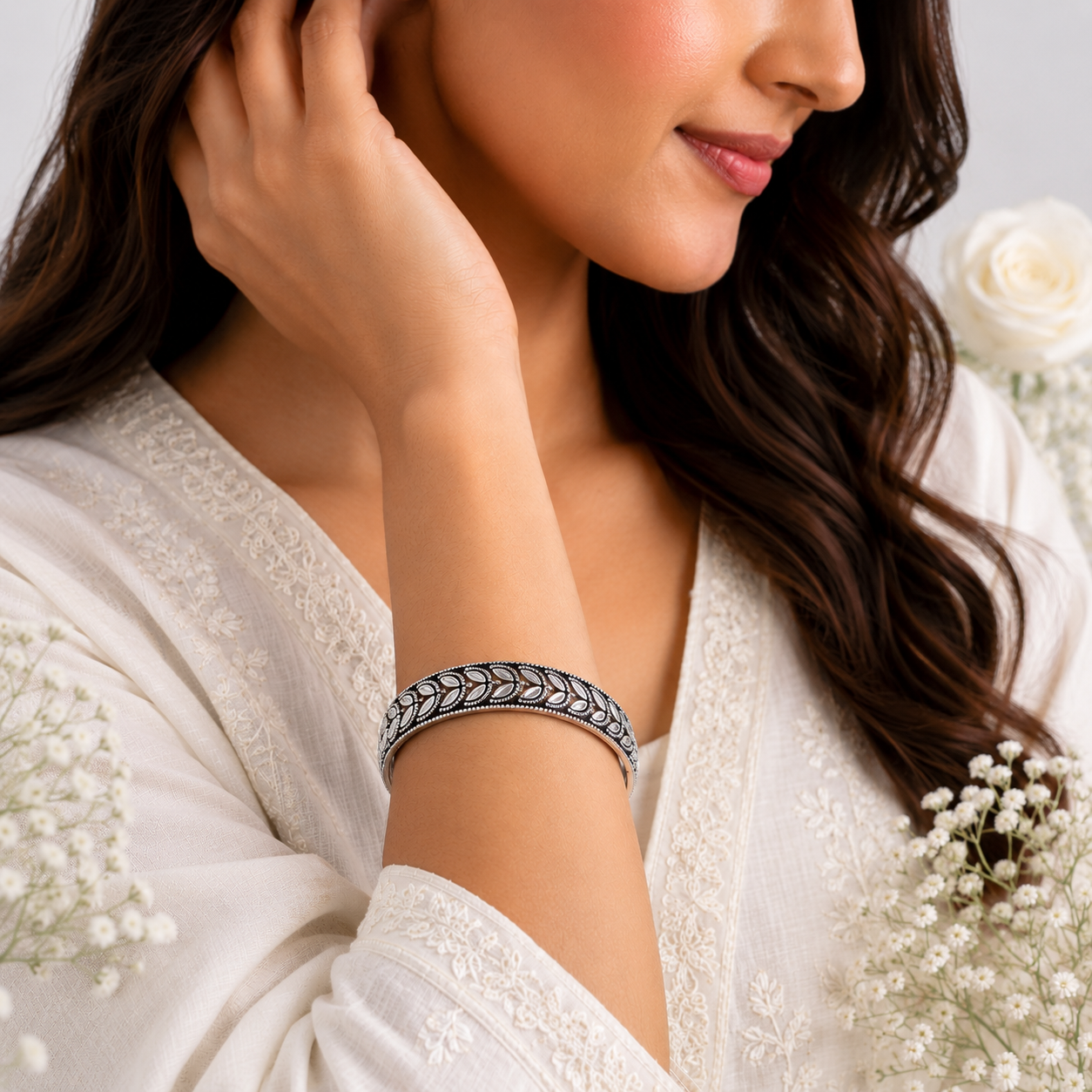 Oxidized Silver Leaf Design Bangle – OYA by Gemkara view 2