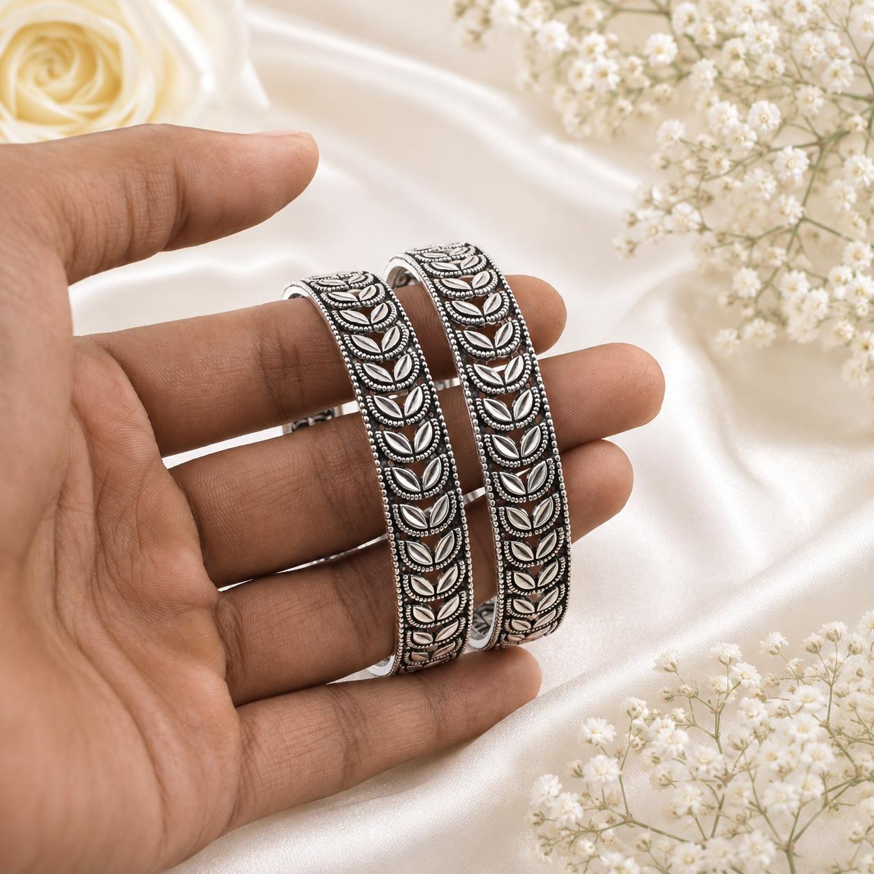 Oxidized Silver Leaf Design Bangle – OYA by Gemkara view 3