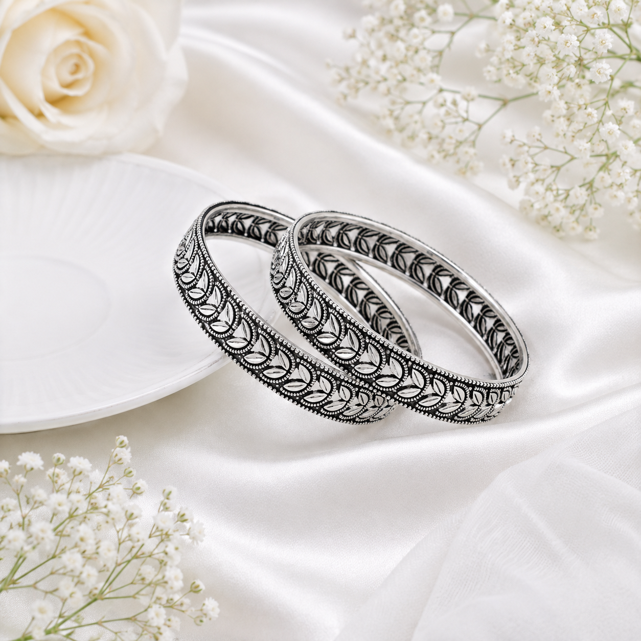 Oxidized Silver Leaf Design Bangle – OYA by Gemkara view 4