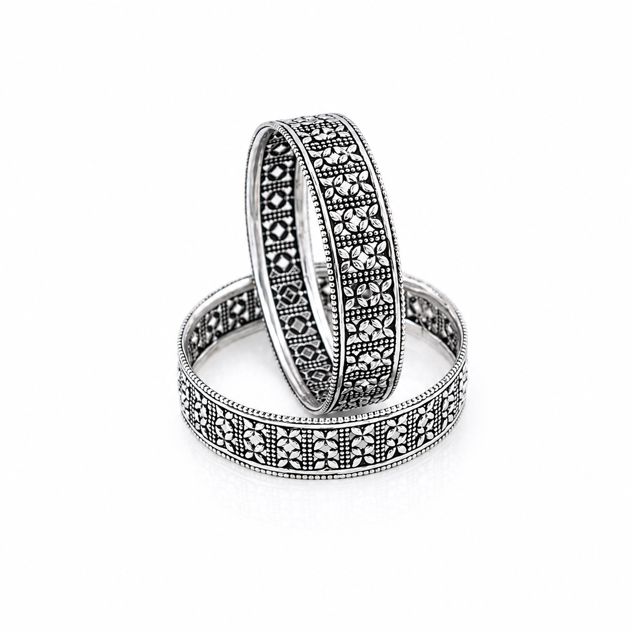 Oxidized Silver Floral Bangle – OYA by Gemkara view 1