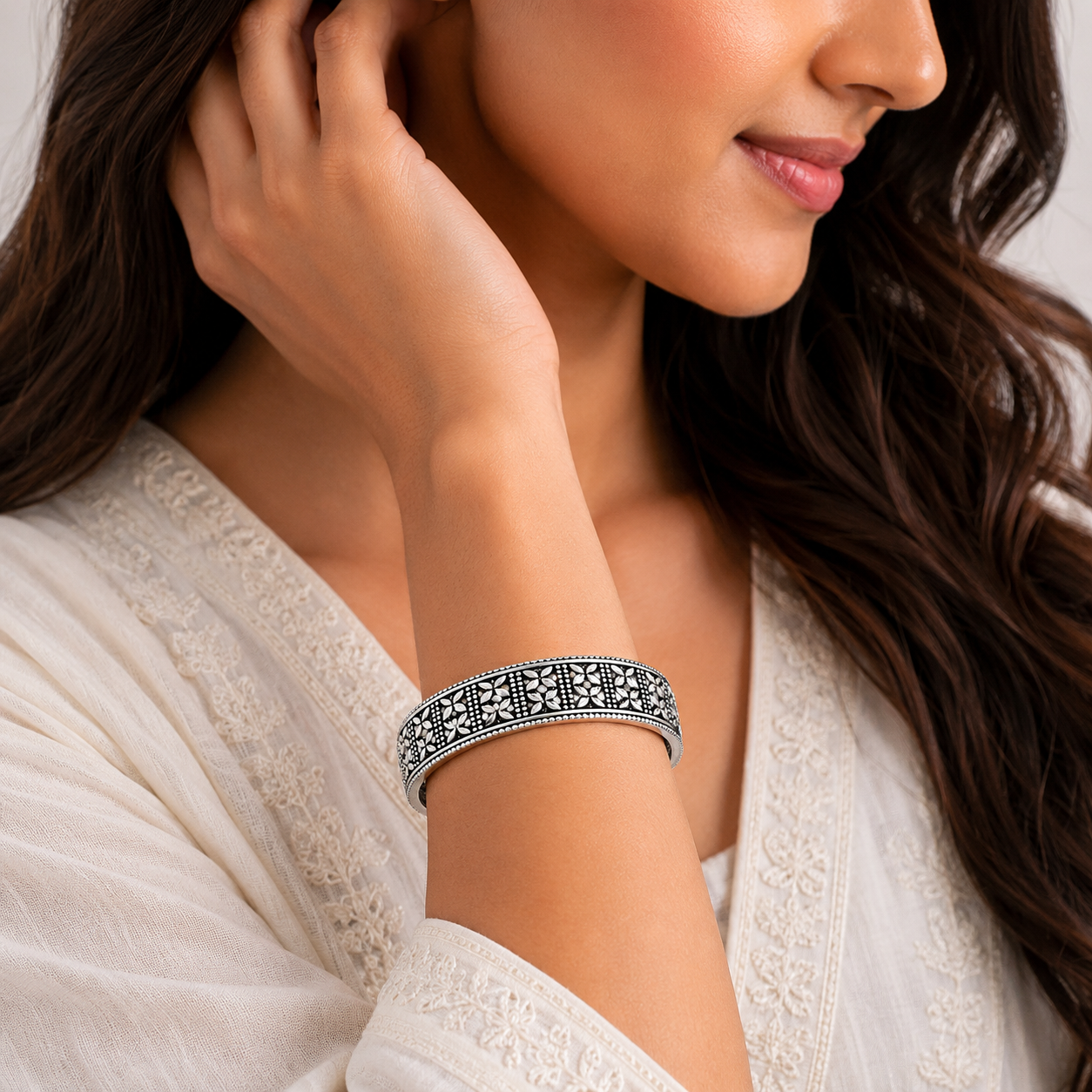 Oxidized Silver Floral Bangle – OYA by Gemkara view 2