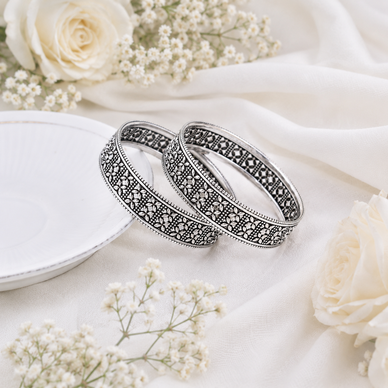 Oxidized Silver Floral Bangle – OYA by Gemkara view 3