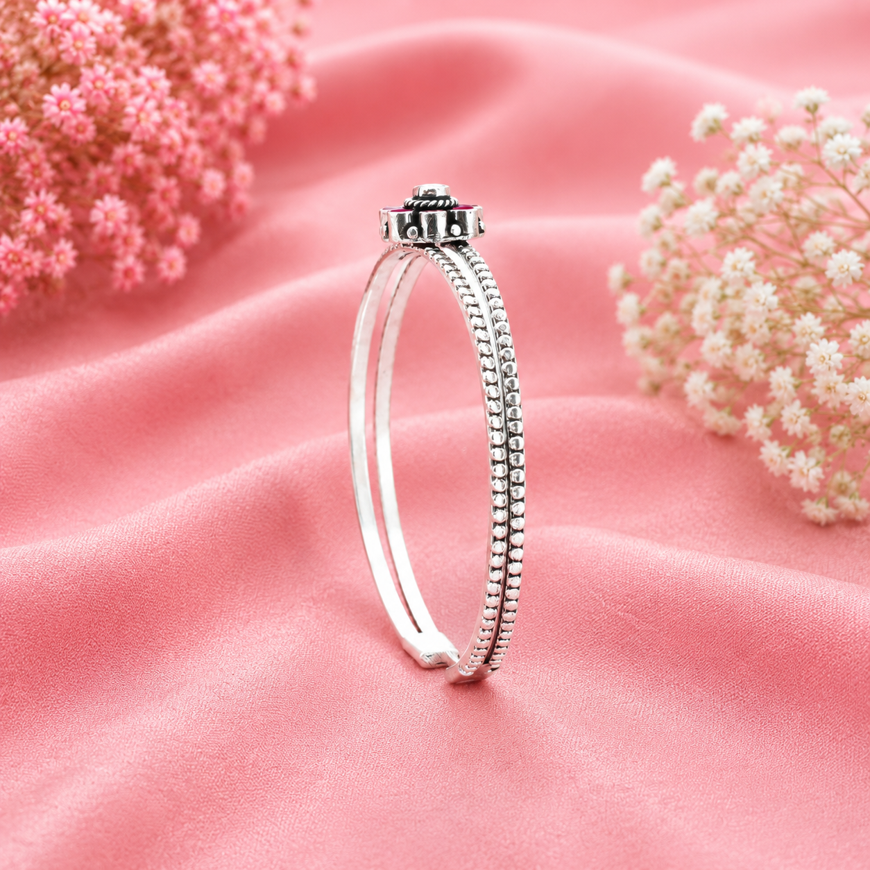 Ruby Flower Kada – 925 Sterling Silver – OYA by Gemkara view 2