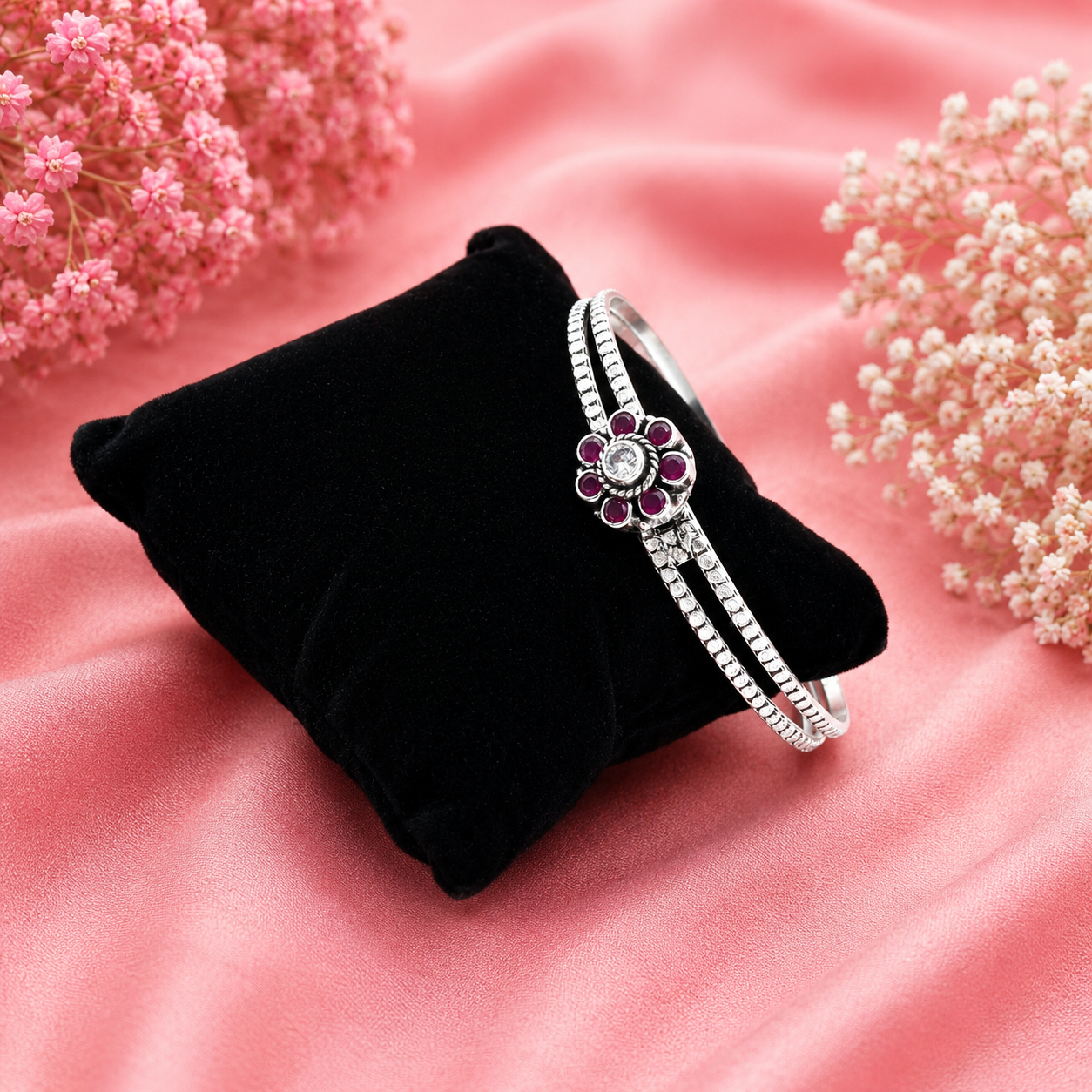 Ruby Flower Kada – 925 Sterling Silver – OYA by Gemkara view 4