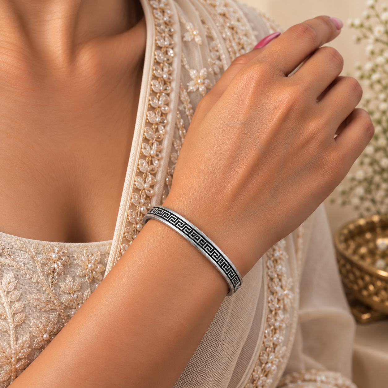 Oxidized Greek Key Kada – 925 Sterling Silver – OYA by Gemkara view 2