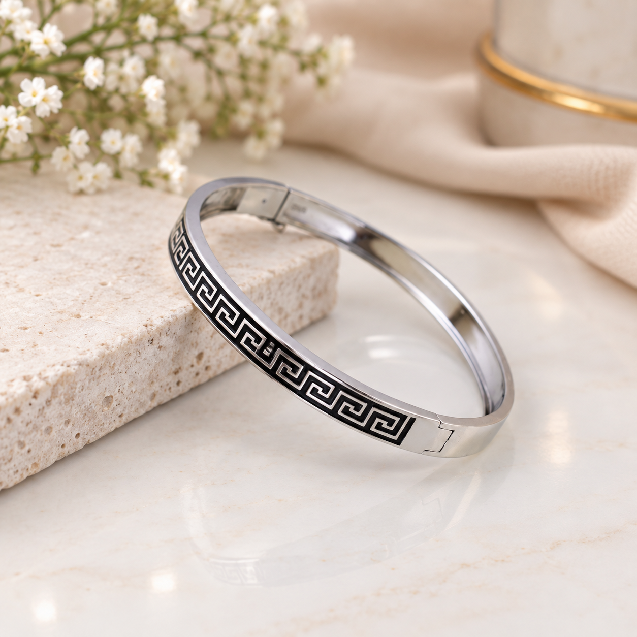Oxidized Greek Key Kada – 925 Sterling Silver – OYA by Gemkara view 4