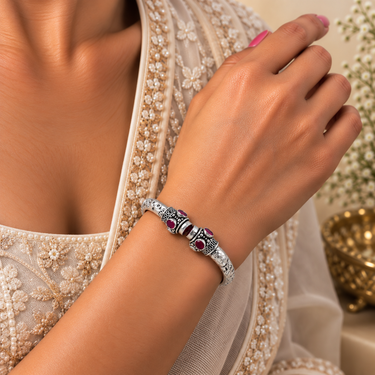 Oxidized Ruby Heritage Kada – 925 Sterling Silver – OYA by Gemkara view 2