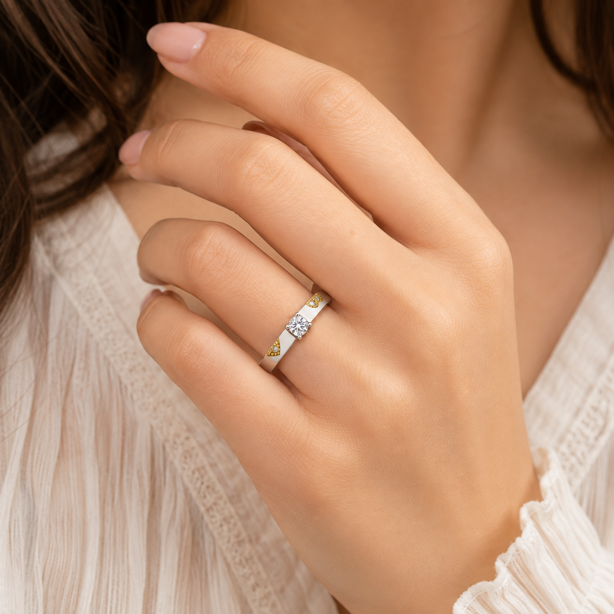 Solitaire Ring with Two-Tone – 925 Sterling Silver – OYA by Gemkara view 2