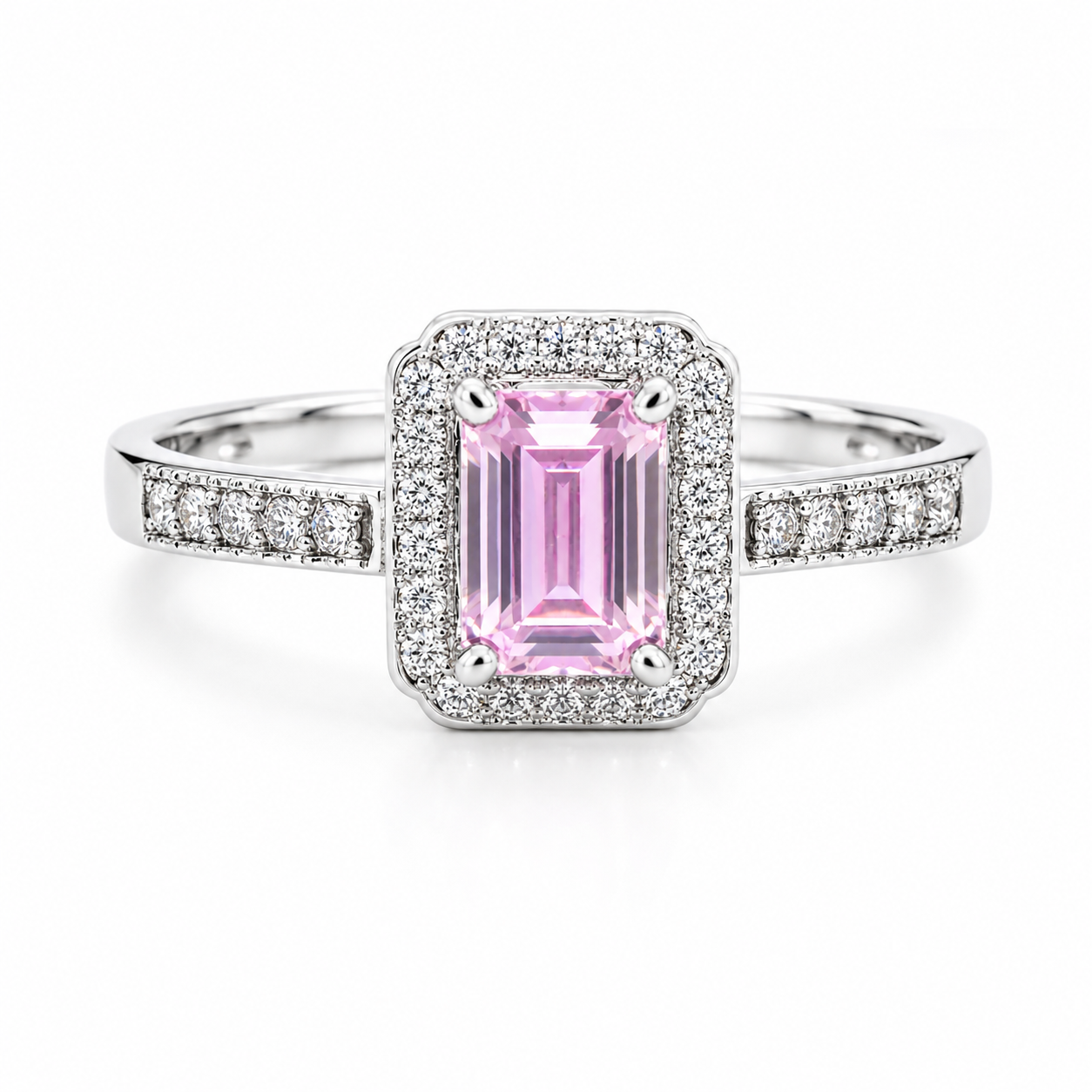 Pink Emerald-Cut Halo Ring – 925 Sterling Silver – OYA by Gemkara view 1