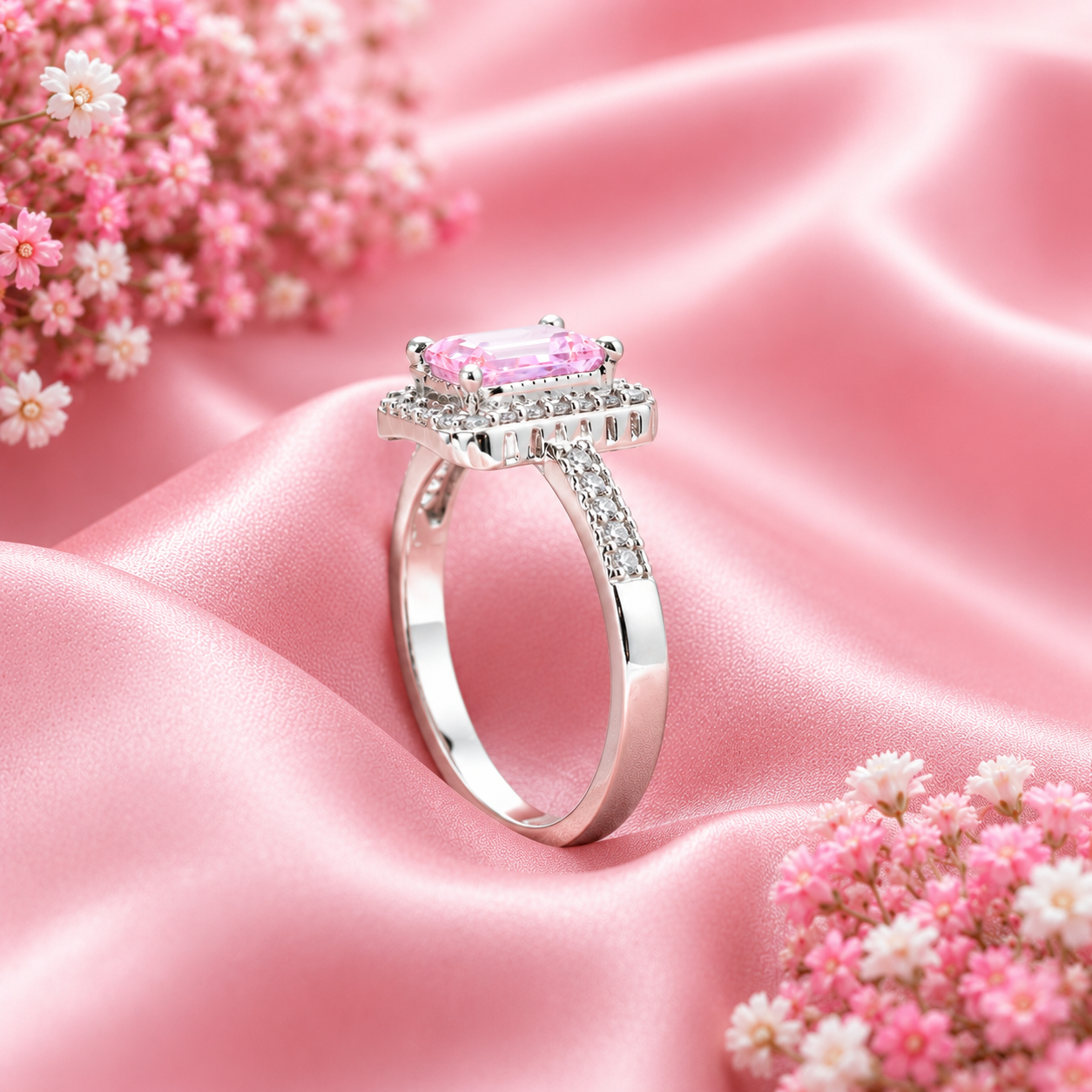 Pink Emerald-Cut Halo Ring – 925 Sterling Silver – OYA by Gemkara view 2