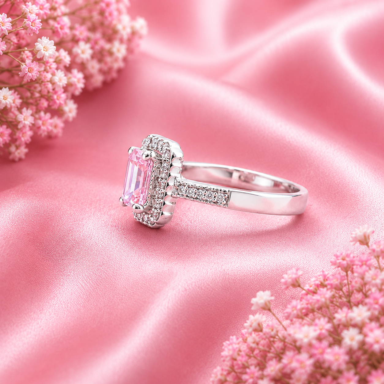 Pink Emerald-Cut Halo Ring – 925 Sterling Silver – OYA by Gemkara view 3