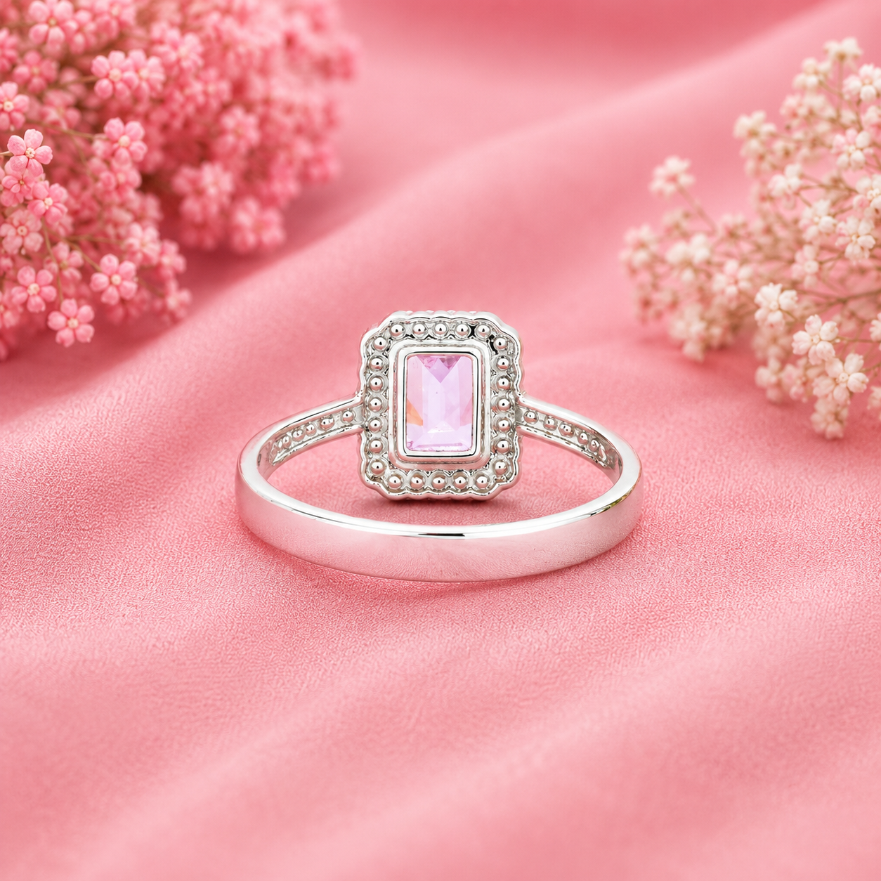 Pink Emerald-Cut Halo Ring – 925 Sterling Silver – OYA by Gemkara view 4