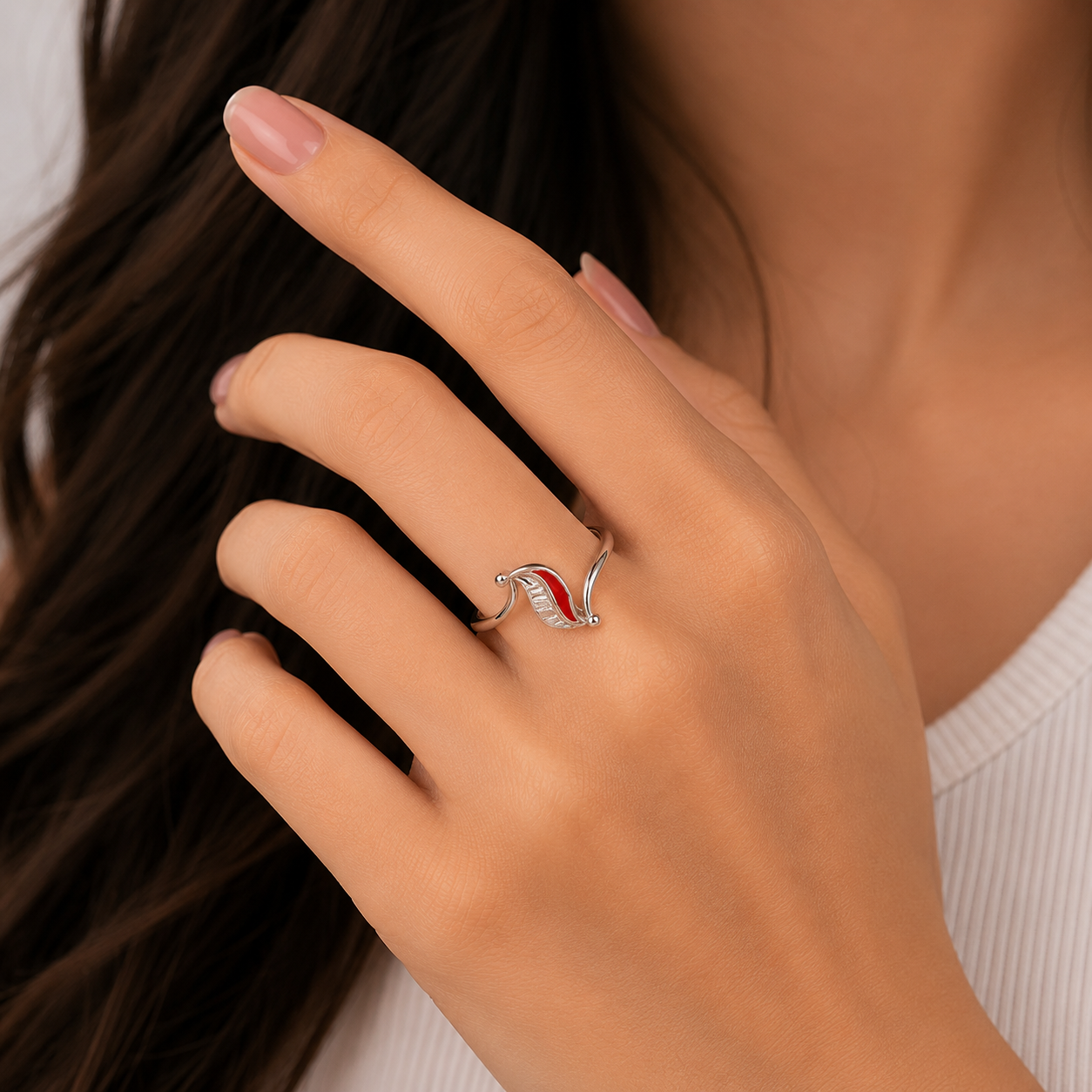 Red Enamel Leaf Ring – 925 Sterling Silver – OYA by Gemkara view 2
