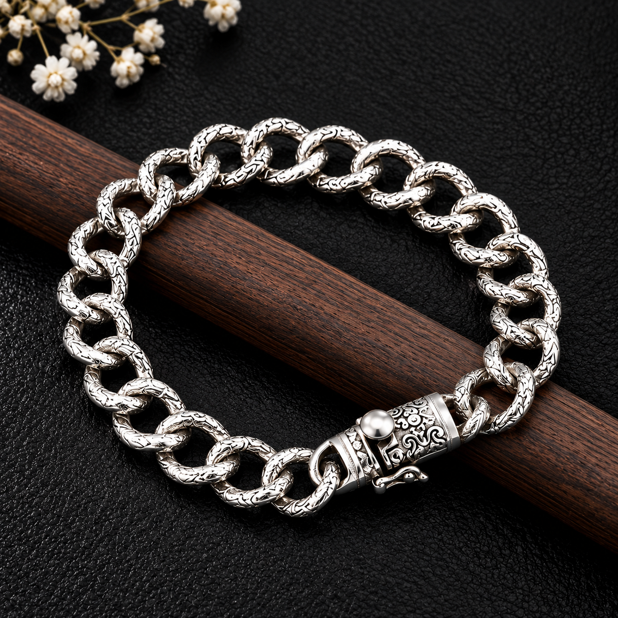Antique Textured Chain Bracelet – 925 Sterling Silver – OYA by Gemkara view 3