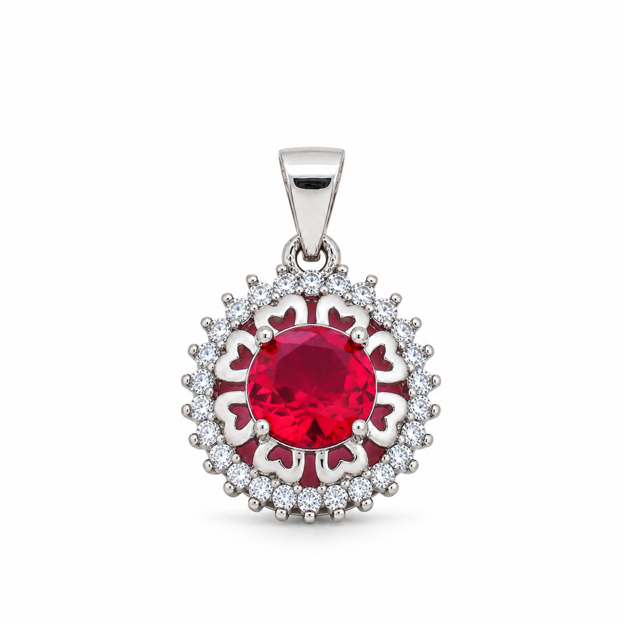 Ruby Floral Halo Pendant Without Chain – 925 Sterling Silver – OYA by Gemkara view 1