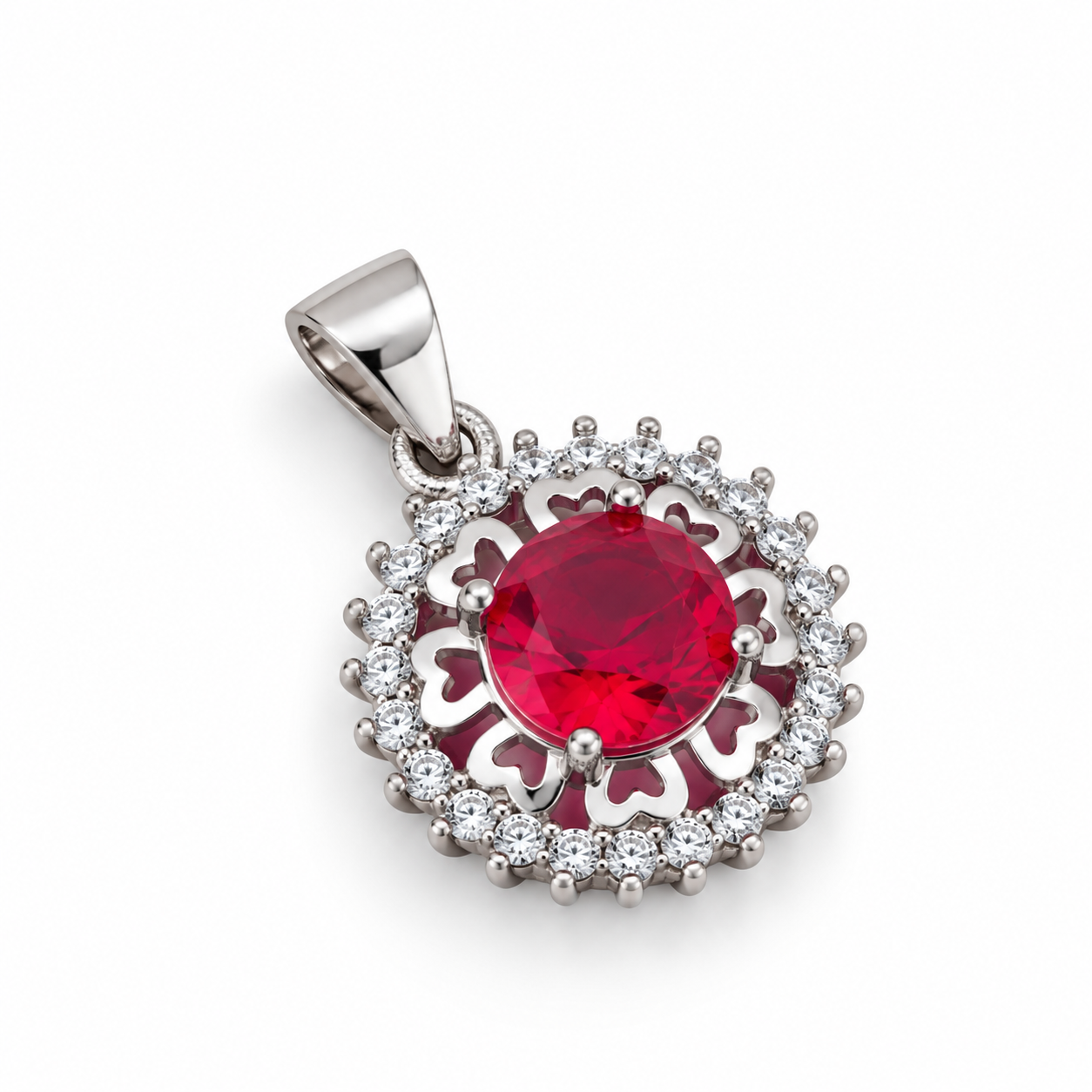 Ruby Floral Halo Pendant Without Chain – 925 Sterling Silver – OYA by Gemkara view 4
