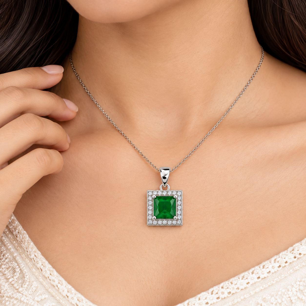 Emerald Square Halo Pendant Without Chain preview