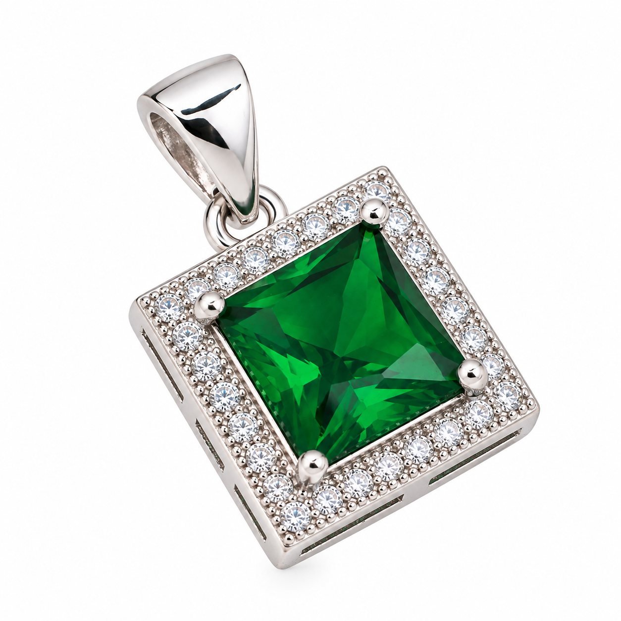 Emerald Square Halo Pendant Without Chain – 925 Sterling Silver – OYA by Gemkara view 4