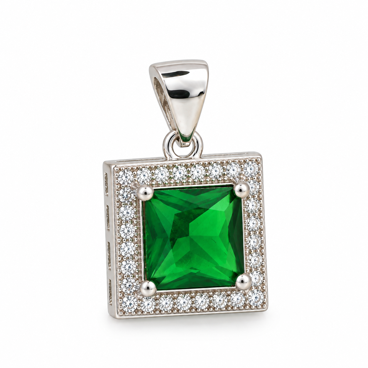 Emerald Square Halo Pendant Without Chain – 925 Sterling Silver – OYA by Gemkara view 5