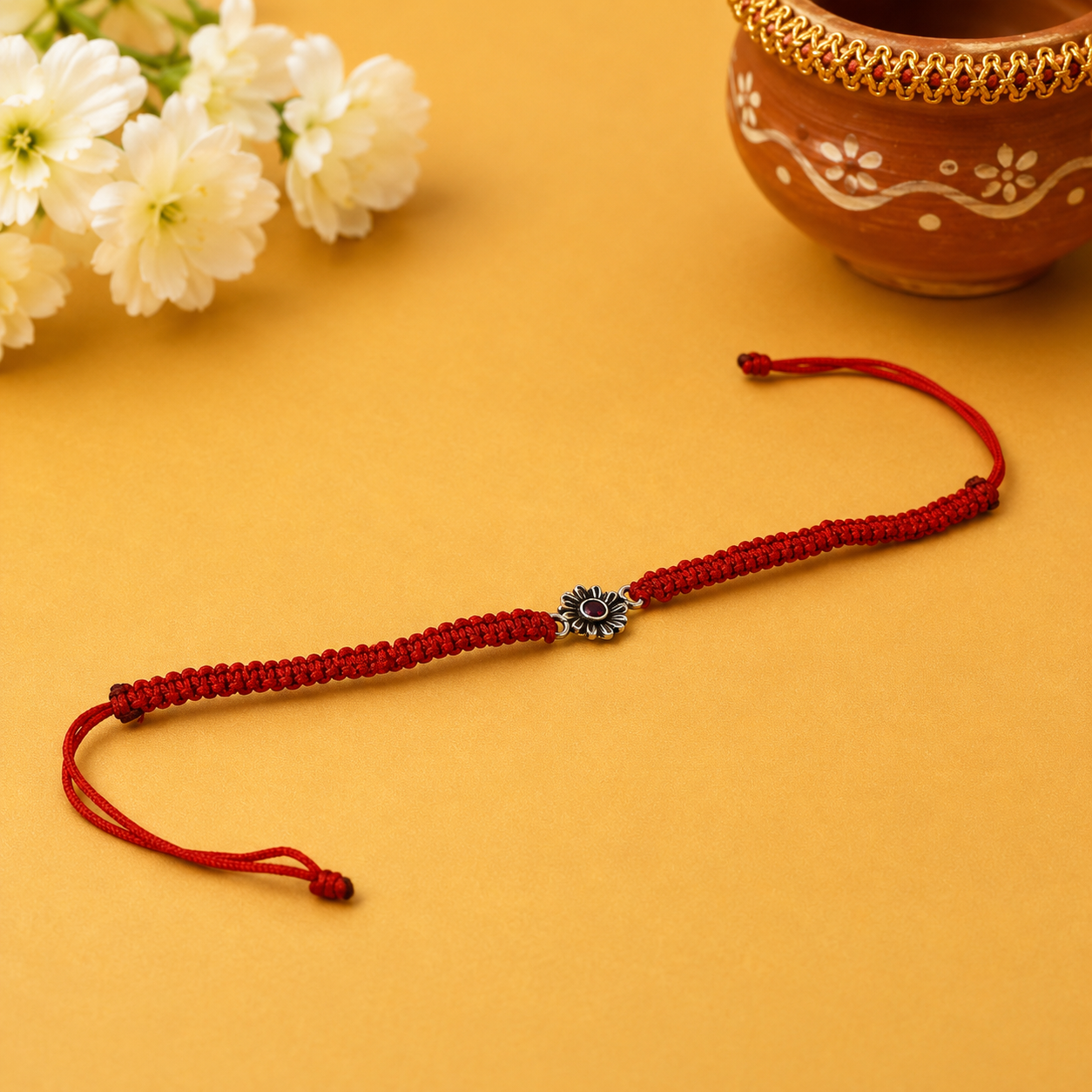 Red Thread Floral Silver Rakhi – OYA by Gemkara view 3