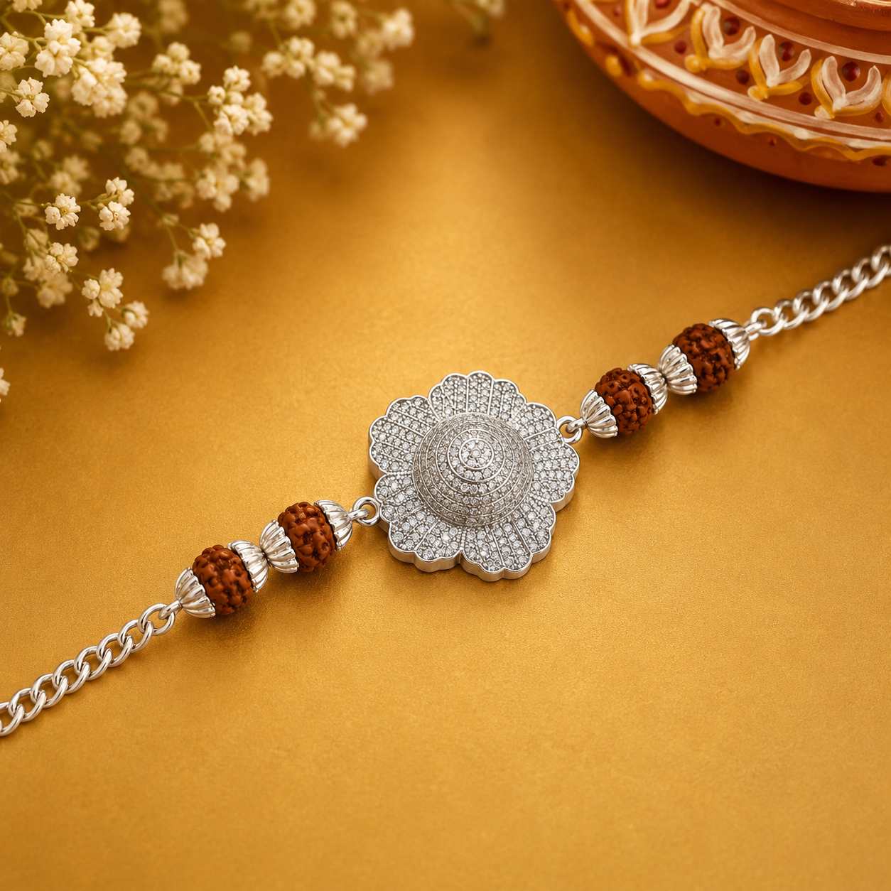 Rudraksha Silver Floral Rakhi – OYA by Gemkara view 2