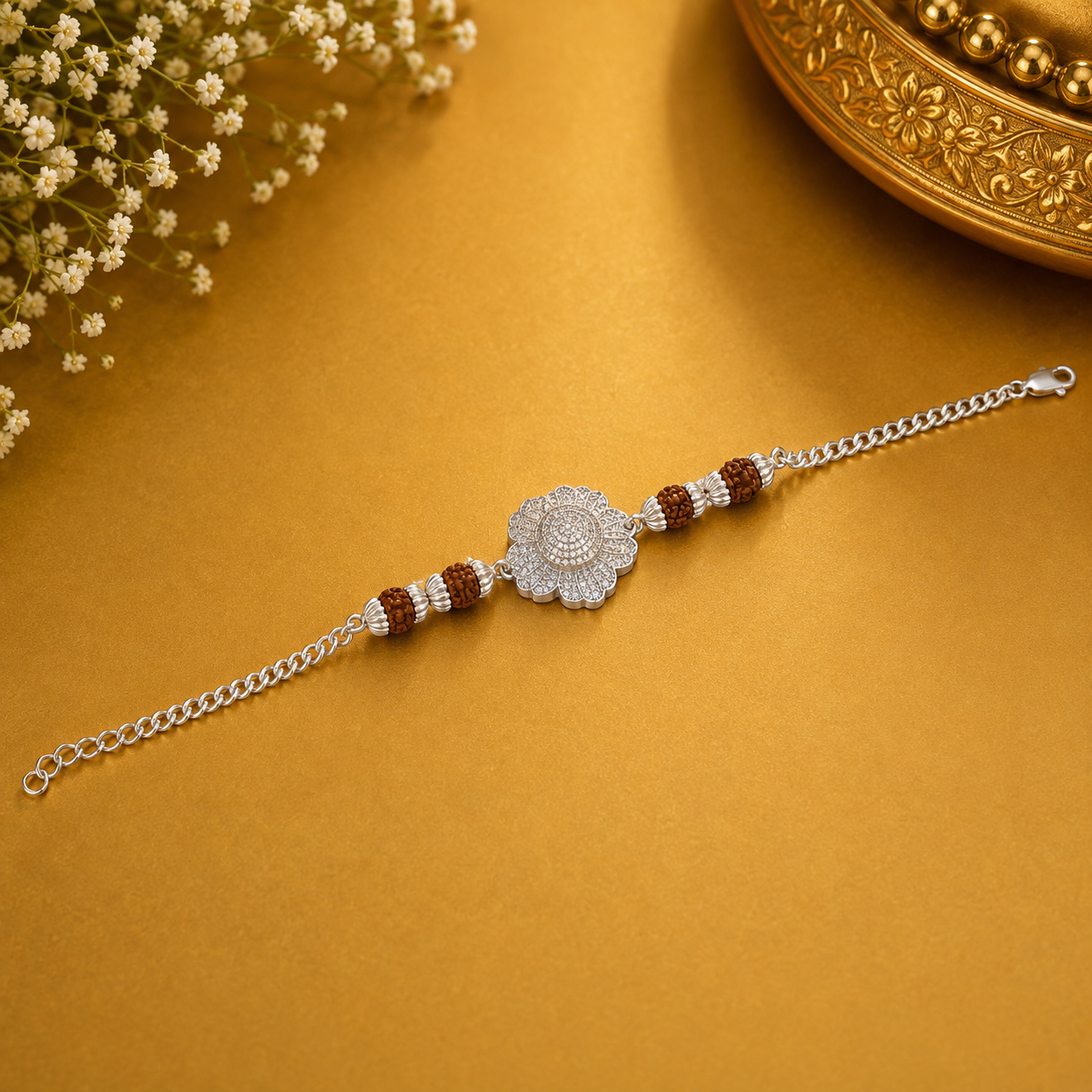 Rudraksha Silver Floral Rakhi – OYA by Gemkara view 3