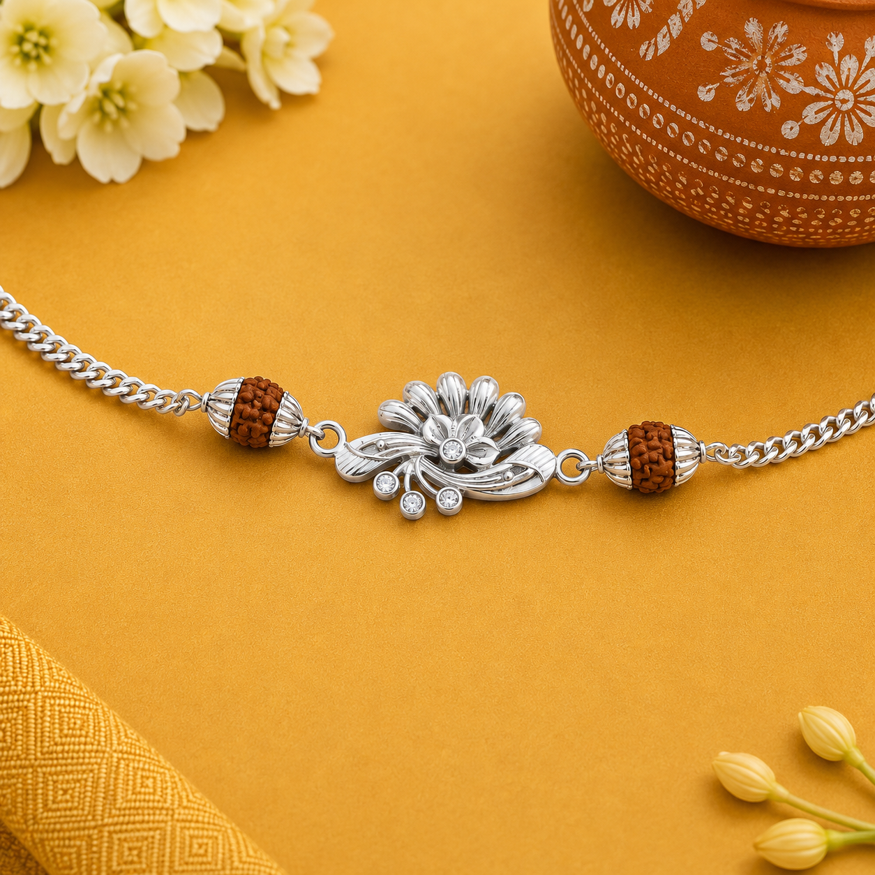 Rudraksha Floral Silver Rakhi – OYA by Gemkara view 2
