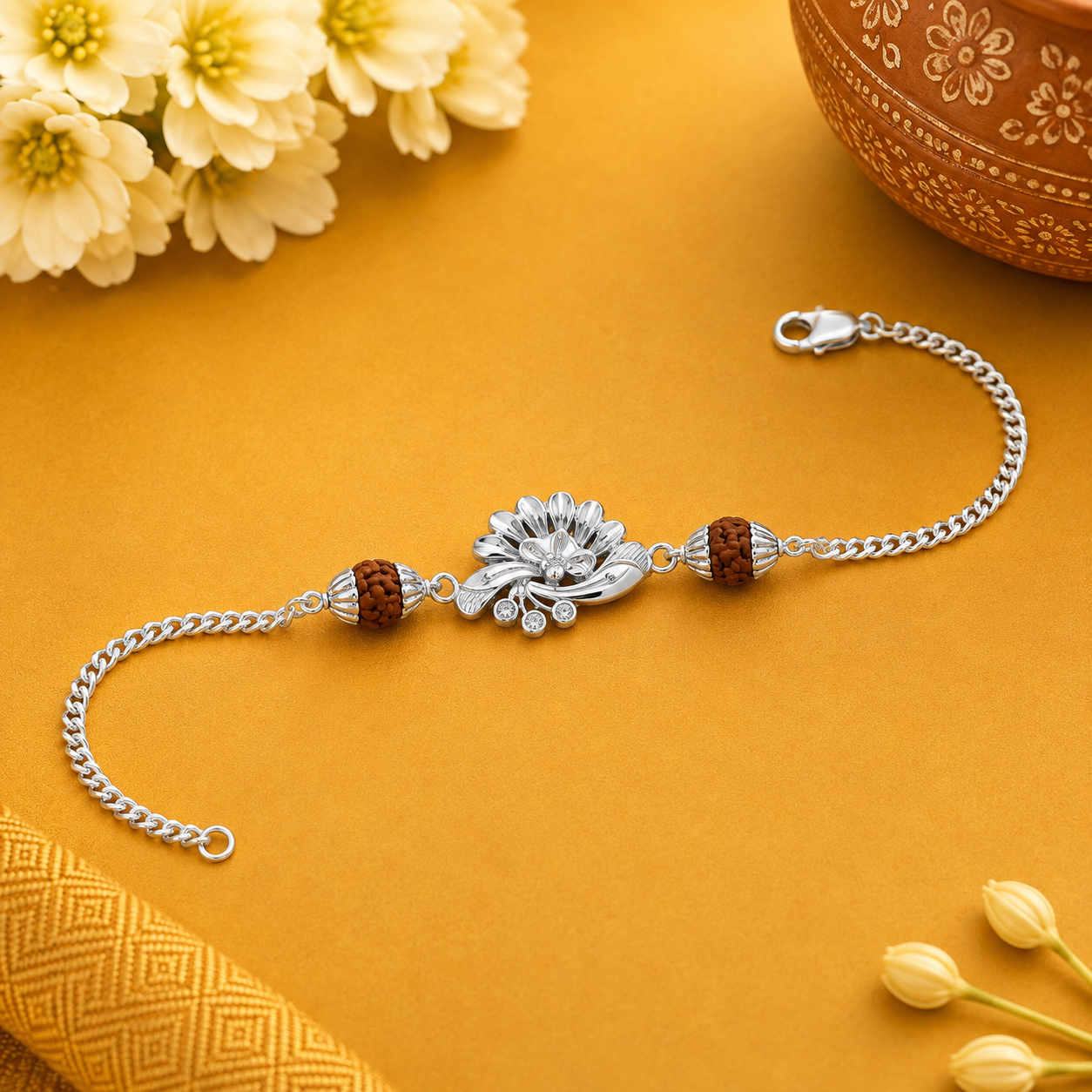 Rudraksha Floral Silver Rakhi – OYA by Gemkara view 3