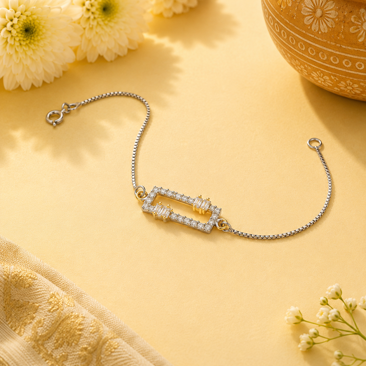 Gold CZ Rakhi – 925 Sterling Silver – OYA by Gemkara view 3
