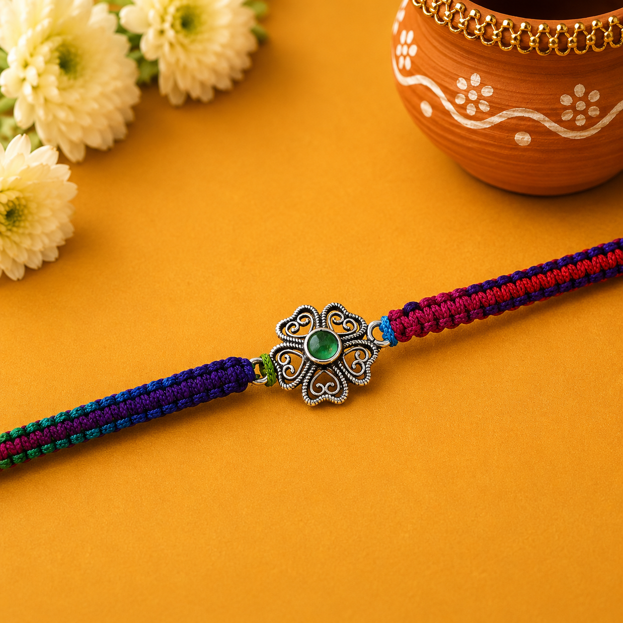 Multicolor Green Stone Silver Rakhi – OYA by Gemkara view 2