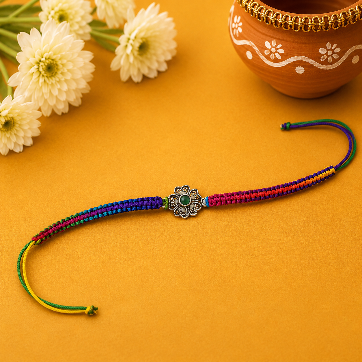 Multicolor Green Stone Silver Rakhi – OYA by Gemkara view 3
