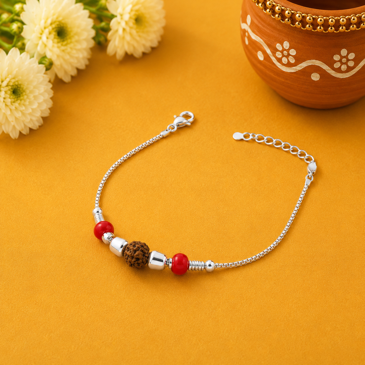 Rudraksha Red Bead Silver Rakhi – OYA by Gemkara view 1