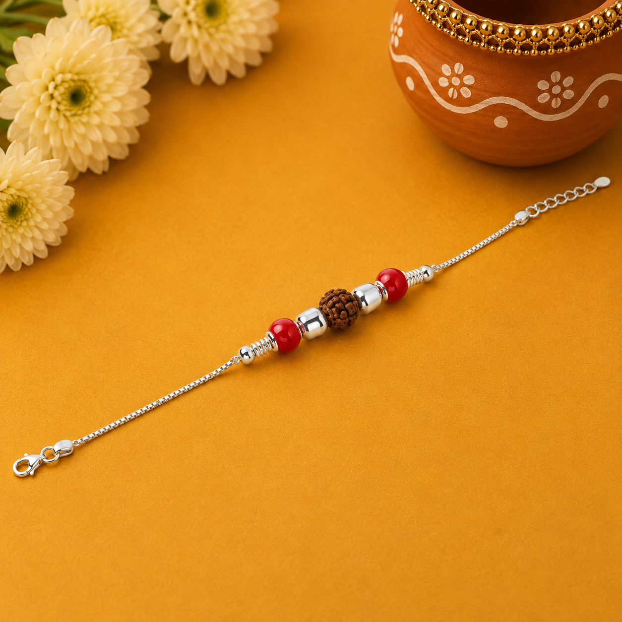 Rudraksha Red Bead Silver Rakhi – OYA by Gemkara view 2